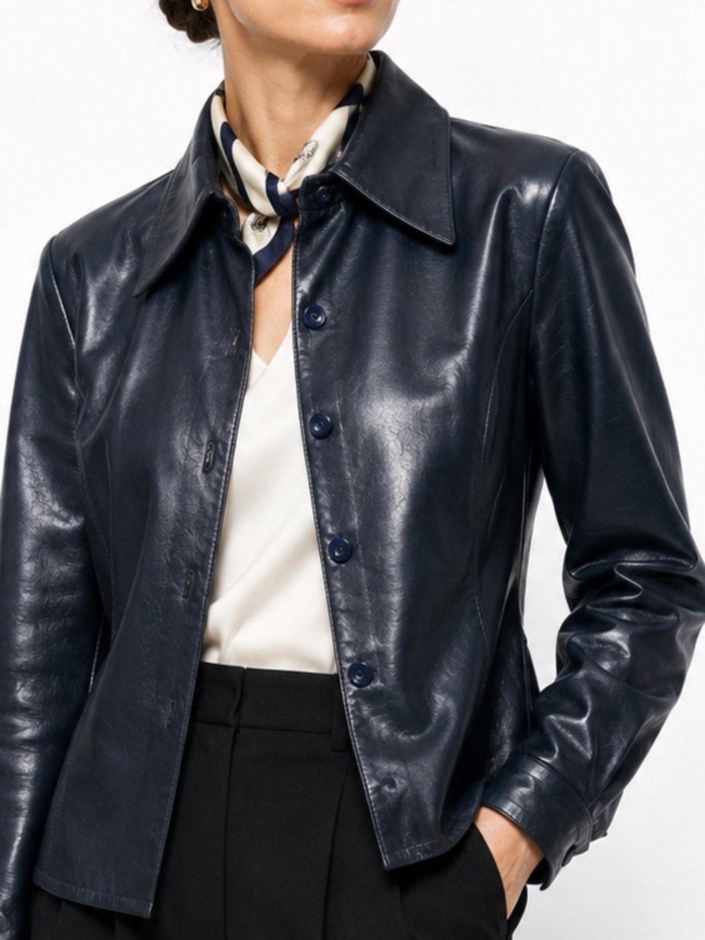 Vintage Y2K Nicola Berti Navy Italian Leather Shirt Jacket Size S